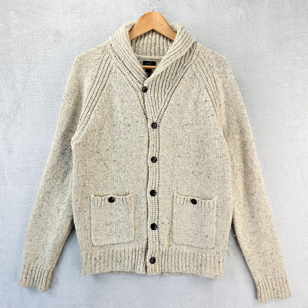 J.Crew Shawl Collar Wool Blend Cardigan Sweater Mens Small Beige Oatmeal Marled